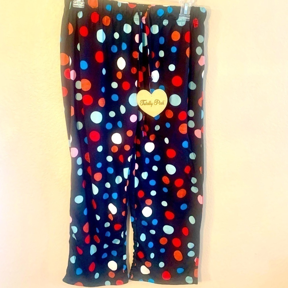 NWT Pajama Pants Large (Girls) Totally Pink Soft Fabric Black Multicolor Dots